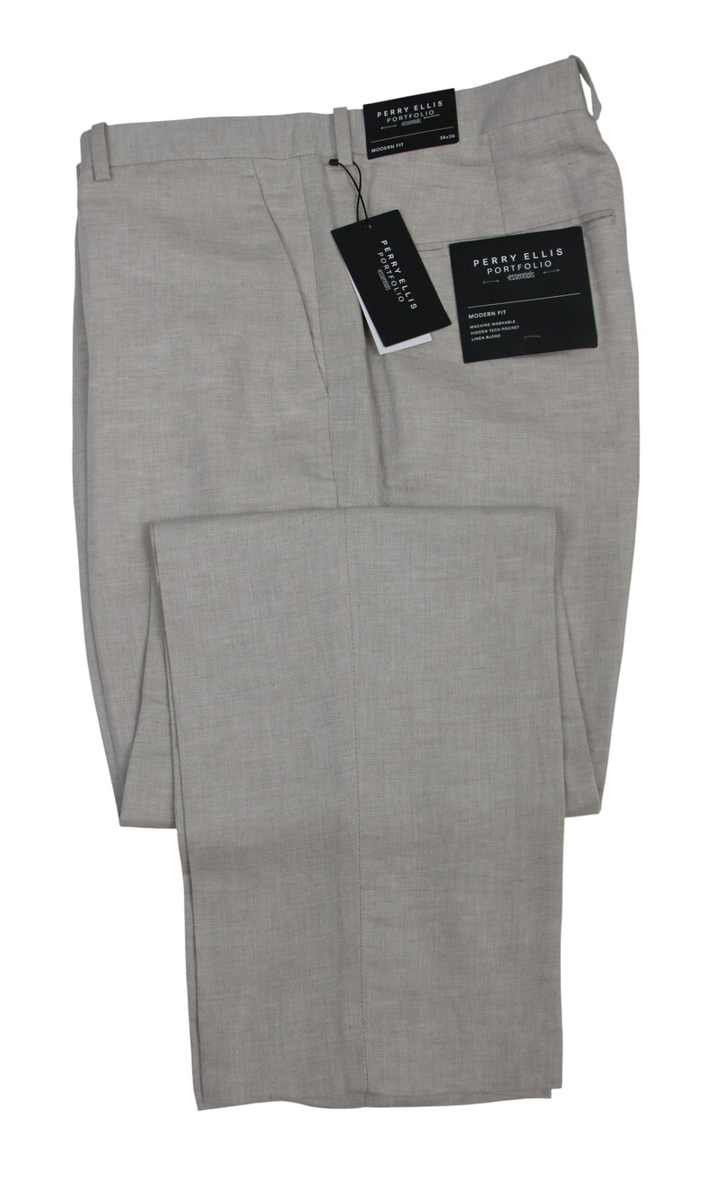 Perry Ellis Portfolio Essentials Pants Mens 36x30 Natural Modern Fit Linen Blend